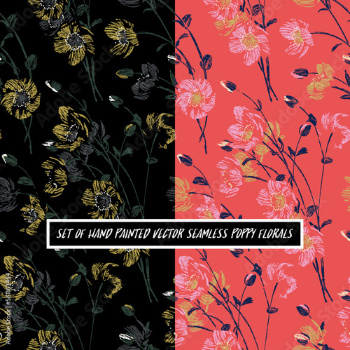 SET OF HAND PAINTED VECTOR POPPY FLORAL PATTERNS SEAMLESS FOR FABRIC/YARDAGE PRINTING FASHION ARTISTIC