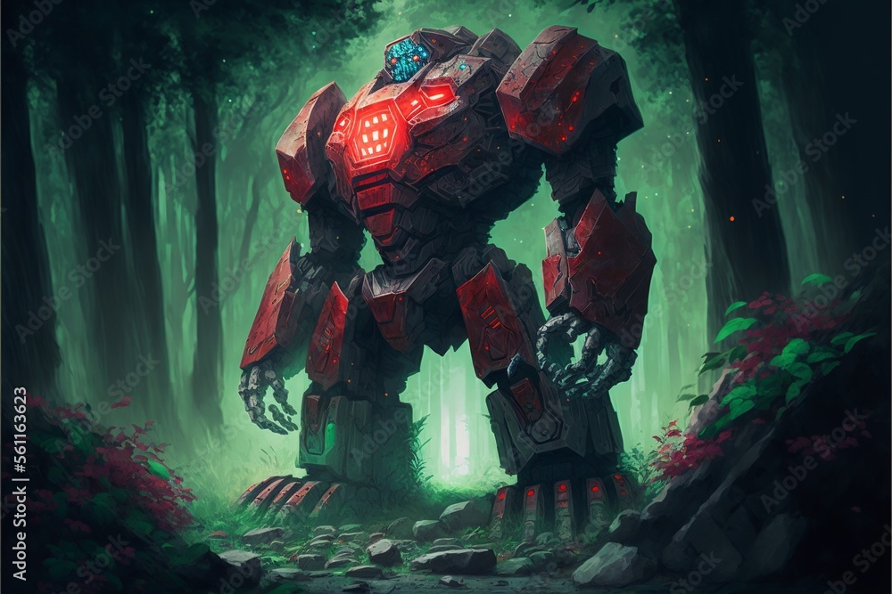 Illustration of stone guardian golem in the middle of the forest. AI Illustration of stone guardian golem in the middle of the forest. AI