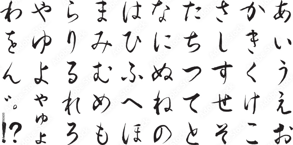 筆で描いた草書体 ひらがな 五十音