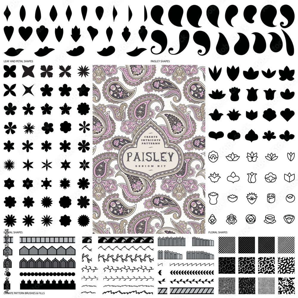 SET OF MIX AND MATCH PAISLEY FLORAL SHAPES FOR BUILDING INTRICATE PATTERNS AND MOTIFS