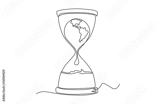 Single one line drawing earth in hourglass. Earth hour concept. Continuous line draw design graphic vector illustration.