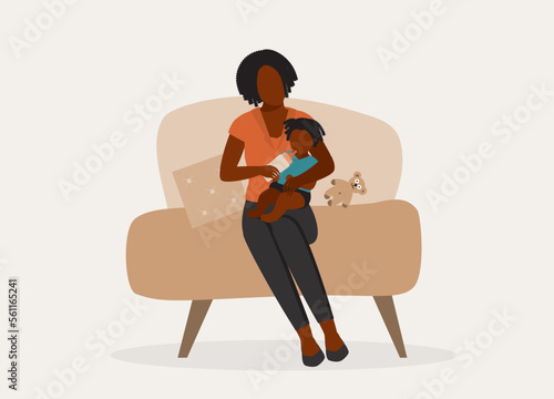 One Black Mother On A Couch Feeding Her Baby With Milk Bottle. Full Length. Flat Design Style, Character, Cartoon.