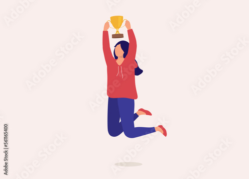 One Young Woman Holding Up A Golden Trophy Cup While Jumping. Full Length. Flat Design Style, Character, Cartoon.