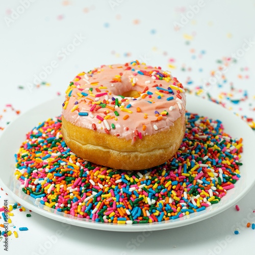 Pink donut with sprinkles on plate of sprinkles 