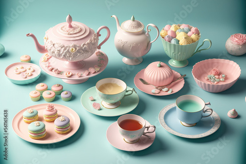 High tea set up in pastel colors with a pastel pink, blue, yellow, and green Royal Doulton tea set and a variety of pastries, cupcakes, and sweets. Generative AI photo