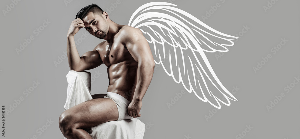 Photo banner of sexy man angel with wings for valentines day. Sexy male  model body, nude torso. Sexy naked man, seductive gay. Muscular shirtless  man, attractive guy. Athletic man, fitness model. foto