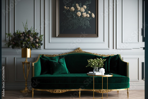 An beautiful living room with pricey furnishings features a dark green sofa with a golden frame next to a white wall with molding. Generative AI photo