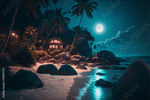 hut on paradise island with night and moon Generato Ai