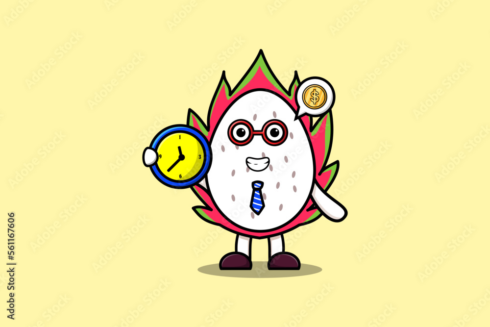 Cute cartoon Dragon fruit character holding clock illustration with happy expression