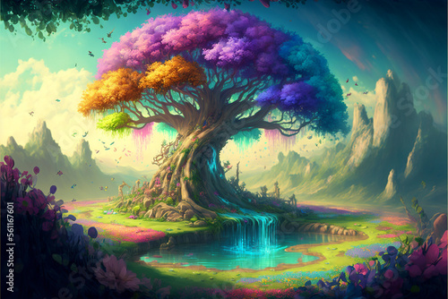 Paisaje, Árbol gigante con hojas arcoiris con un manantial,montañas, lago ilustración, ilustración full color photo
