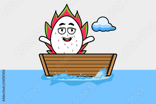 cute cartoon Dragon fruit get on boat in vector character illustration