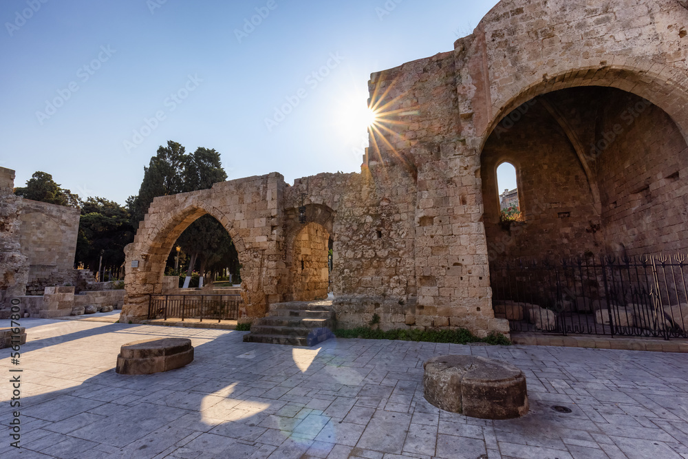 Ruines in the historic Old Town of Rhodes, Greece. Sunny Morning.