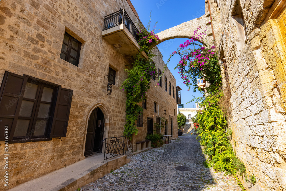 Streets and Residential Homes in the historic Old Town of Rhodes, Greece. Sunny Morning.