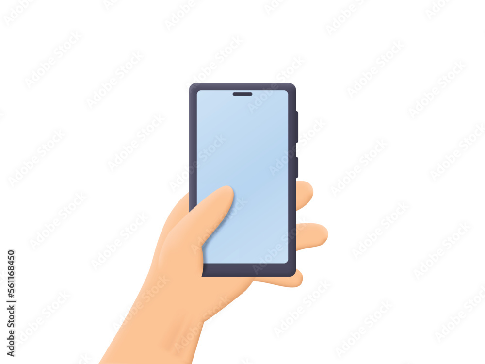 3D hand holding mobile smart phone. Modern mockup. Vector illustration