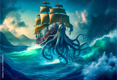 Giant octopus rises in front of a pirate ship Fototapet