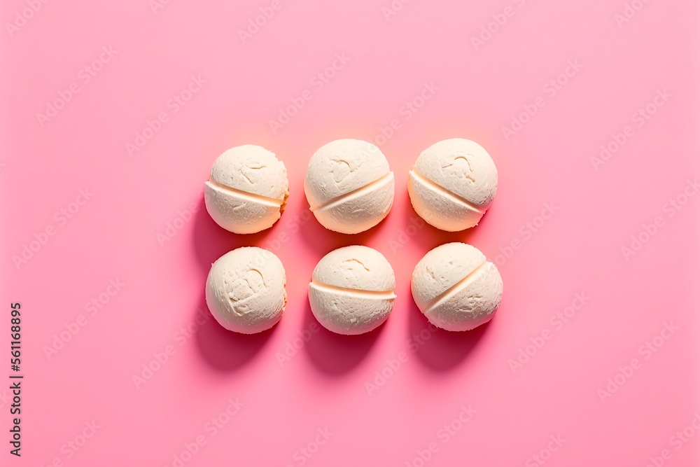 Fototapeta premium Japanese ice cream Mochi in rice dough. Traditional Japanese dessert on a pink background. Tasty Japanese mochi on color background. generative ai