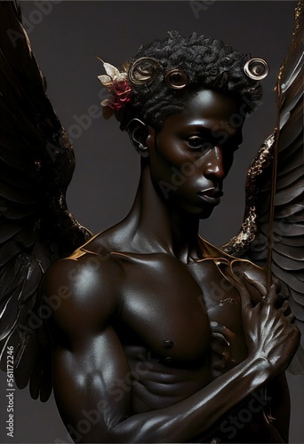 A Beautiful Black Cupid, AI Generated Image of a Handsome Black Angel Spreading Love