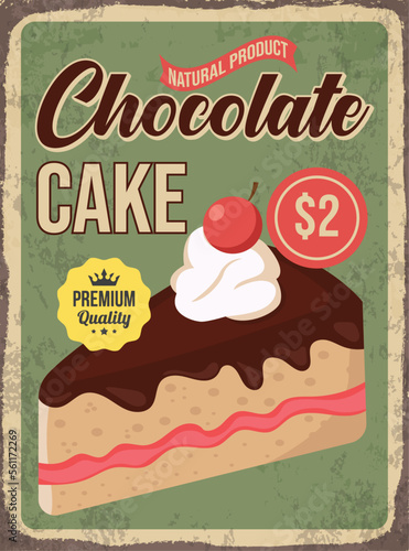 Vintage chocolate cake bakery retro sign promo poster vector template