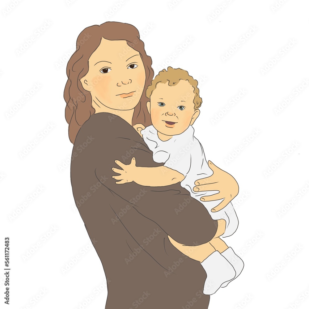 Young woman mother hugging baby illustration in retro style