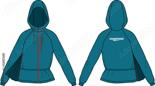 Women Windcheater Hoodie jacket design flat sketch Illustration, Hooded windbreaker utility jacket with front and back view, winter jacket for girls and women. Outerwear for winter warm up top.