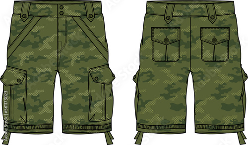 Camouflage Chino Cargo Shorts design flat sketch vector illustration, denim casual shorts concept with front and back view, printed Cargo utility bermuda shorts design illustration