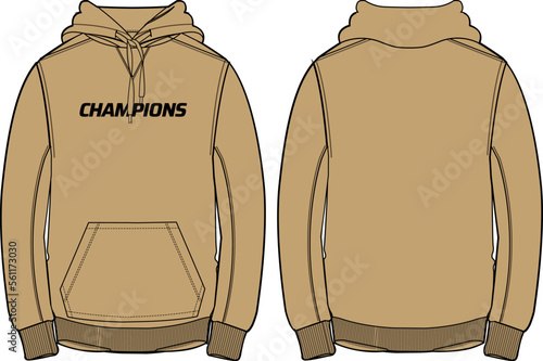 Long sleeve Hoodie jacket sweatshirt design flat sketch Illustration, Hooded sweater jacket with front and back view, hooded winter jacket for Men and women. for training, workout outerwear in winter