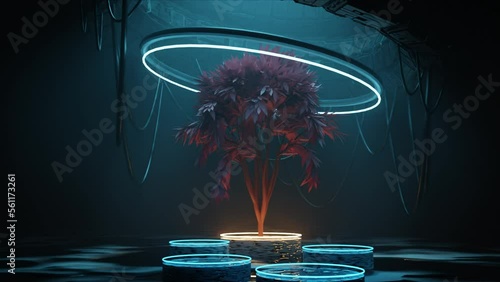 4K video animation of an abstract sci-fi scene where the light falls from the top on a tree whose leaves and branches are moving and all the neon lighting starts blinking. 3D render motion graphics.