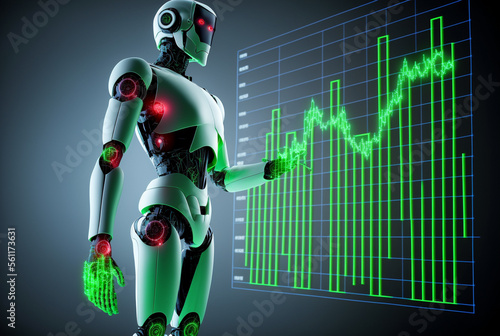  Robot business and trader pointing stock chart, stock graph analysis to win in market. generative AI.