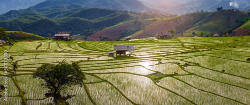 Photography mountain landscape of Pa-Pong-Peang terrace paddy rice field at sunset