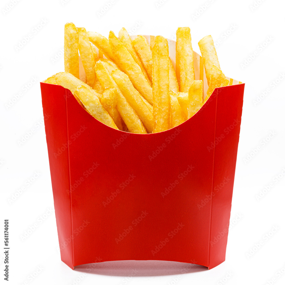 french fries in red packaging box isolated on white background french fries in red packaging box isolated on white background