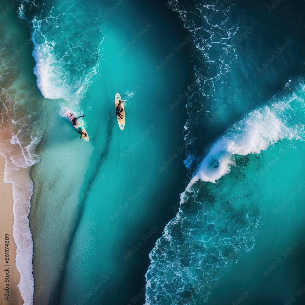 Aerial photo of a group of surfers surfing together in Hawaii. Colored surfboards in blue ocean top view. - obrazy, fototapety, plakaty 