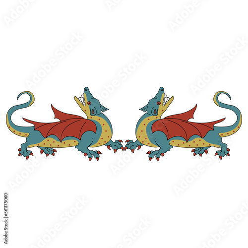 Symmetrical animal design with two fantastic winged medieval dragons. Isolated vector illustration.