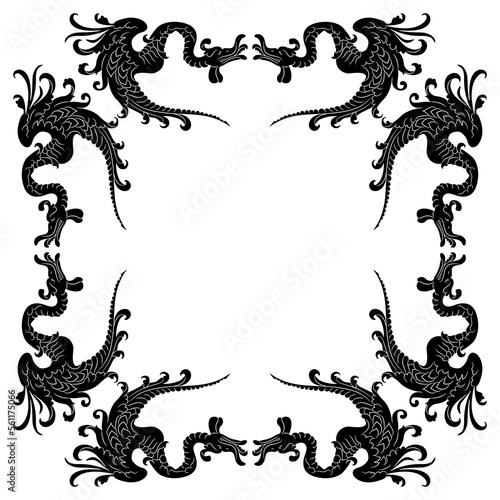 Rectangular frame with fantastic dragons. Black and white silhouette.