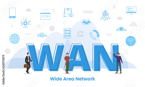 wan wide area network concept with big words and people surrounded by related icon with blue color style