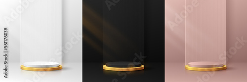 Set of 3D golden cylinder pedestal podium. Black, silver and pink gold in vertical pattern background. Abstract minimal wall scene for mockup products display. Stage showcase. Vector geometric forms.