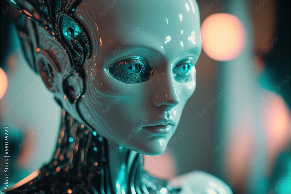 Futuristic AI Android in cinematic lighting, photoreal, realism, porcelan skin created with generative ai technology Futuristic AI Android in cinematic lighting, photoreal, realism, porcelan skin created with generative ai technology