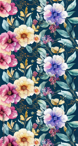 Seamless Colorful Floral Teal Pink Yellow Pattern Wallpaper