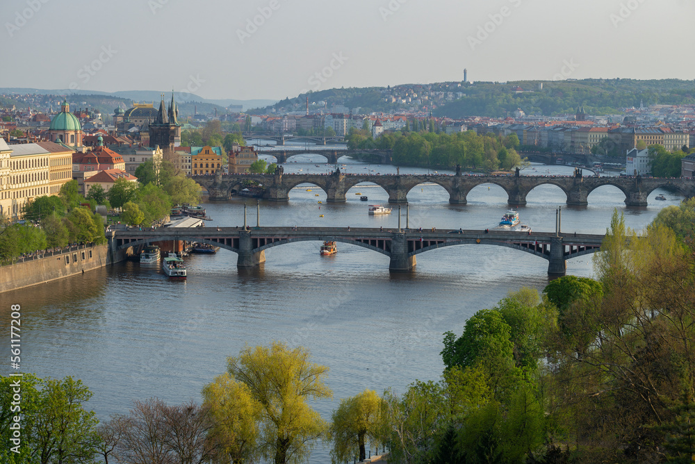 View of Prague bridges and Vltava river in April evening. Prague, Czech Republic View of Prague bridges and Vltava river in April evening. Prague, Czech Republic