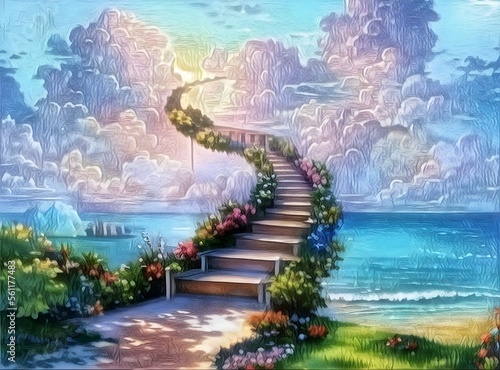 Beautiful of Bridge Between Heaven and Earth. painting of Bridge with sea, flowers and clouds.