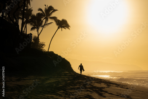 Silhouette of a surfer walking on Sunset Beach, Hawaii with a surfboard at sunset 
