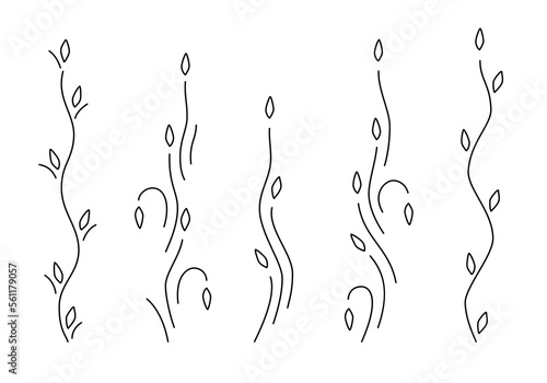 Vines and shoots collection isolated on white background. Line art style. Stylized beautiful plants silhouette for logo, eco design, organic decor, embroidery, border or other use. Vector illustration