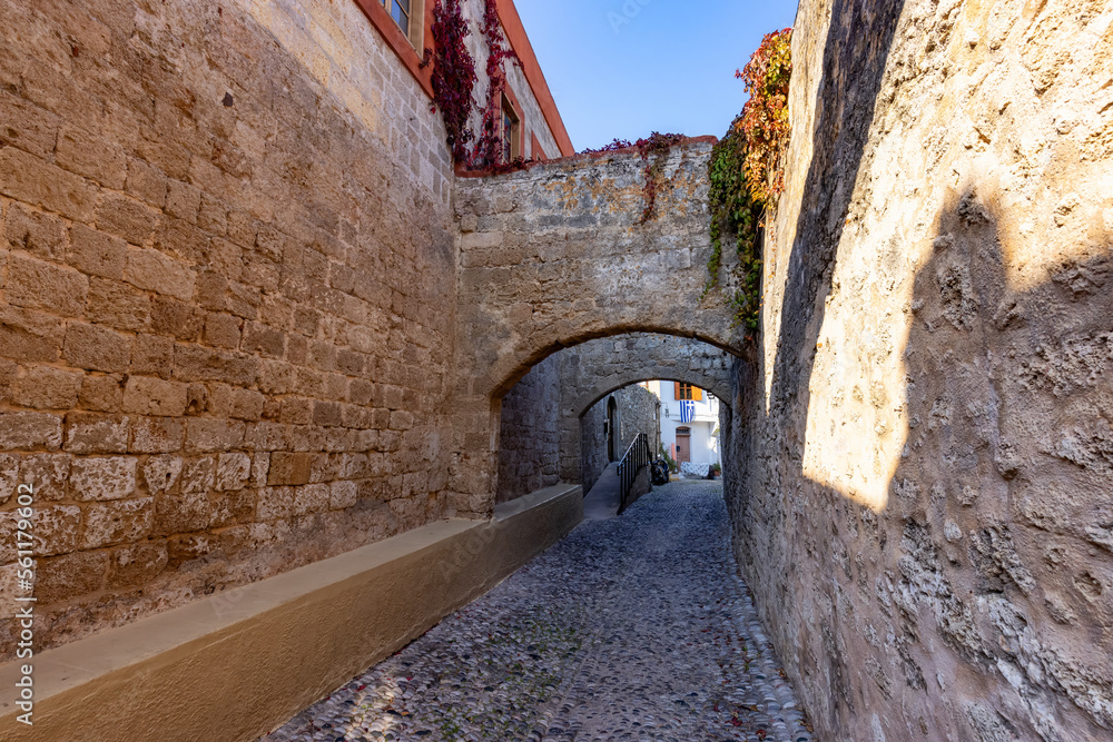 Streets and Residential Homes in the historic Old Town of Rhodes, Greece. Sunny Morning.