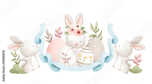 Watercolor Illustration Easter rabbit and Easter egg in the garden