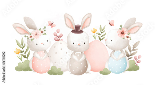 Watercolor Illustration Easter rabbit and Easter egg in the garden