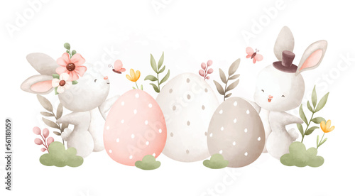 Watercolor Illustration Easter rabbit and Easter egg in the garden