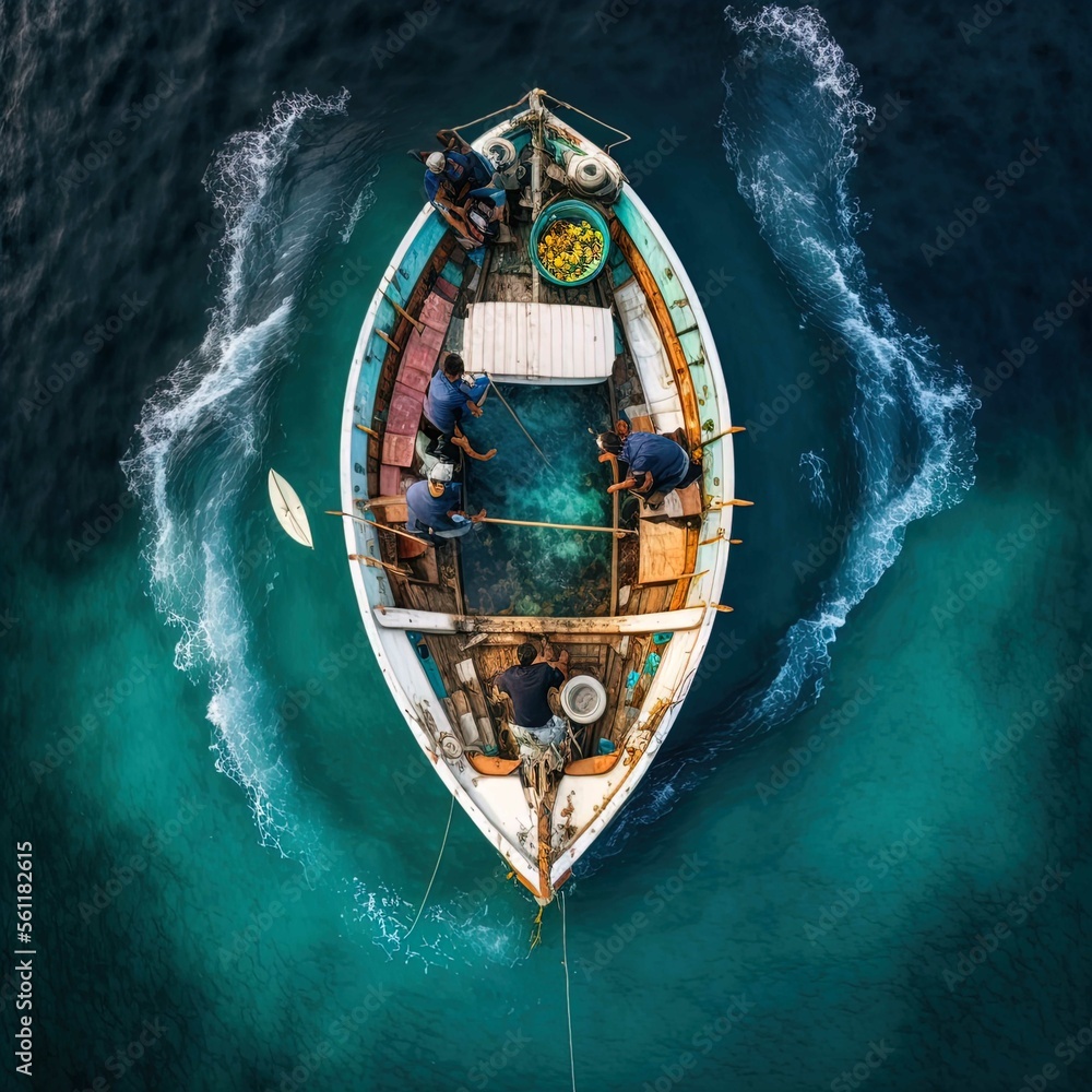 Drone Flight View of Fishermen in a Boat at Sea: A Striking Landscape Captured from Above