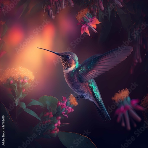 Ethereal Flight: Kimoicore Hummingbird Over Flowers in Vibrant Vray Style photo