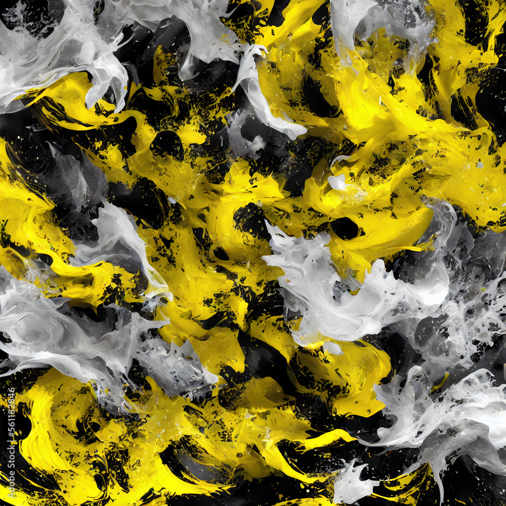 Generative AI. An abstract background featuring yellow and black paint splashes, a watercolor painting of waves, and a digital modern art piece with high resolution in 4K.