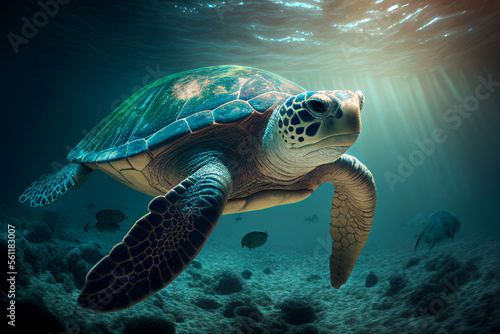 a turtle swimming under the sea, light shines through the sea With Generative AI