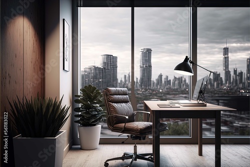 Serene Modern Office with a View of the City: Perfect for Business and Productivity Promotions